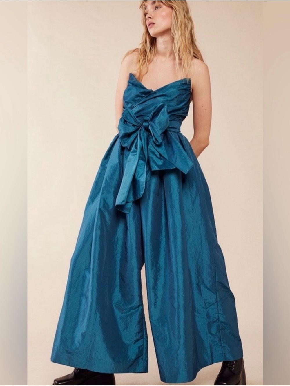 Free People Teal Strapless Wide-Leg Jumpsuit with Bow